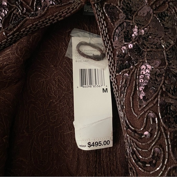 DKNY 100% SILK Vintage Embroidered Beaded Brown Mini Sweater Coat - Picture 6 of 6